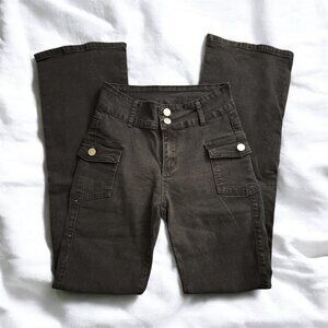 Y2K Black Mid-Rise to High Waisted Flare Jeans with Cargo-Style Utility Pockets